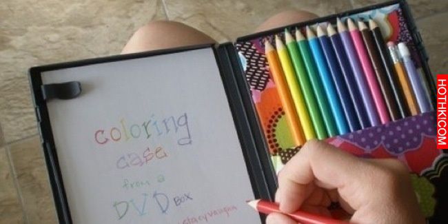 An old DVD case makes an all -in- one travel case for colored pencils, crayons, and paper.